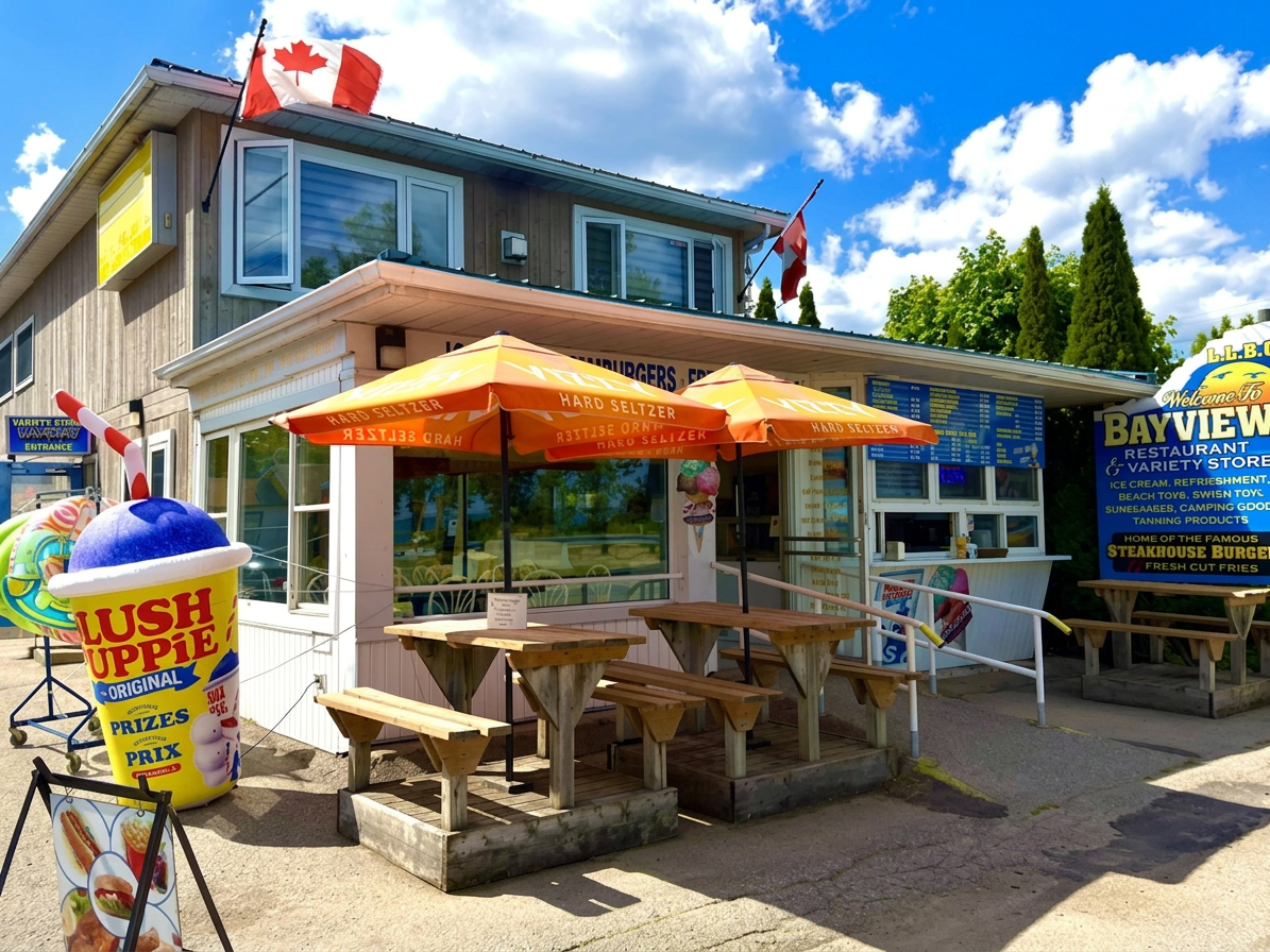 Bayview patio with orange Hard Seltzer umbrellas, picnic tables, Canadian flag and the famous Steakhouse Burger menu board