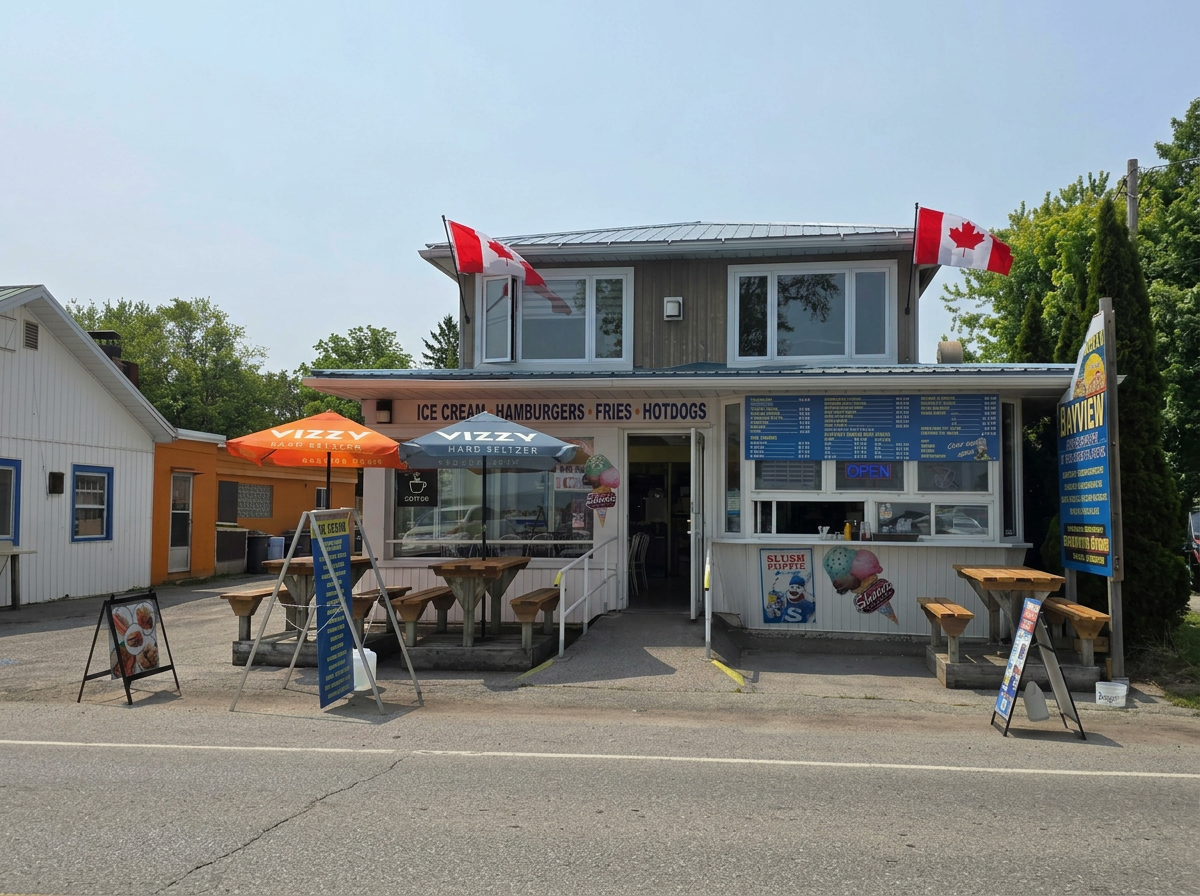 Bayview Restaurant exterior with Canadian flags, patio umbrellas, and welcome signage