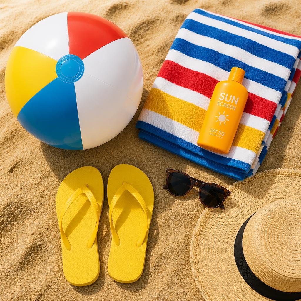 Beach essentials on the sand — beach ball, towel, sunscreen, flip-flops, sunglasses and a sun hat